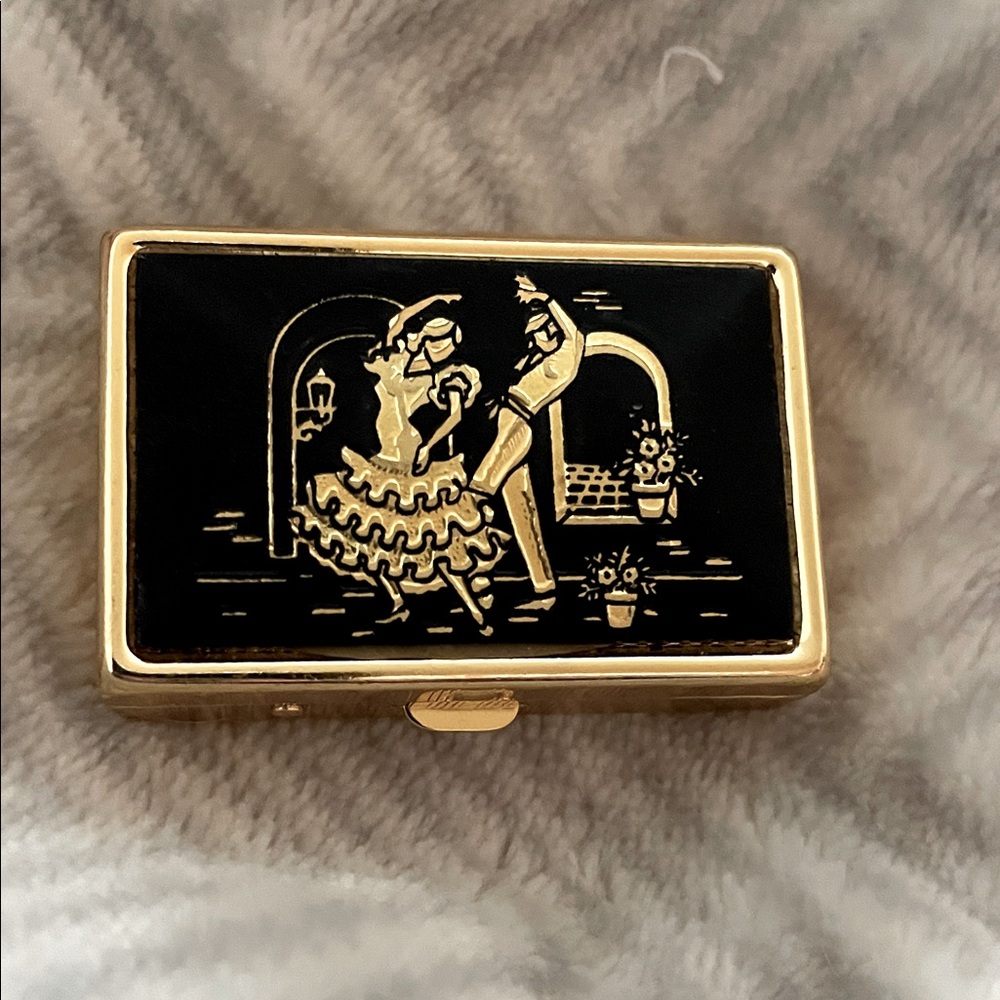 Vintage Damascene Pill Box ~ Gold Tone with Spanish Flamenco dancer